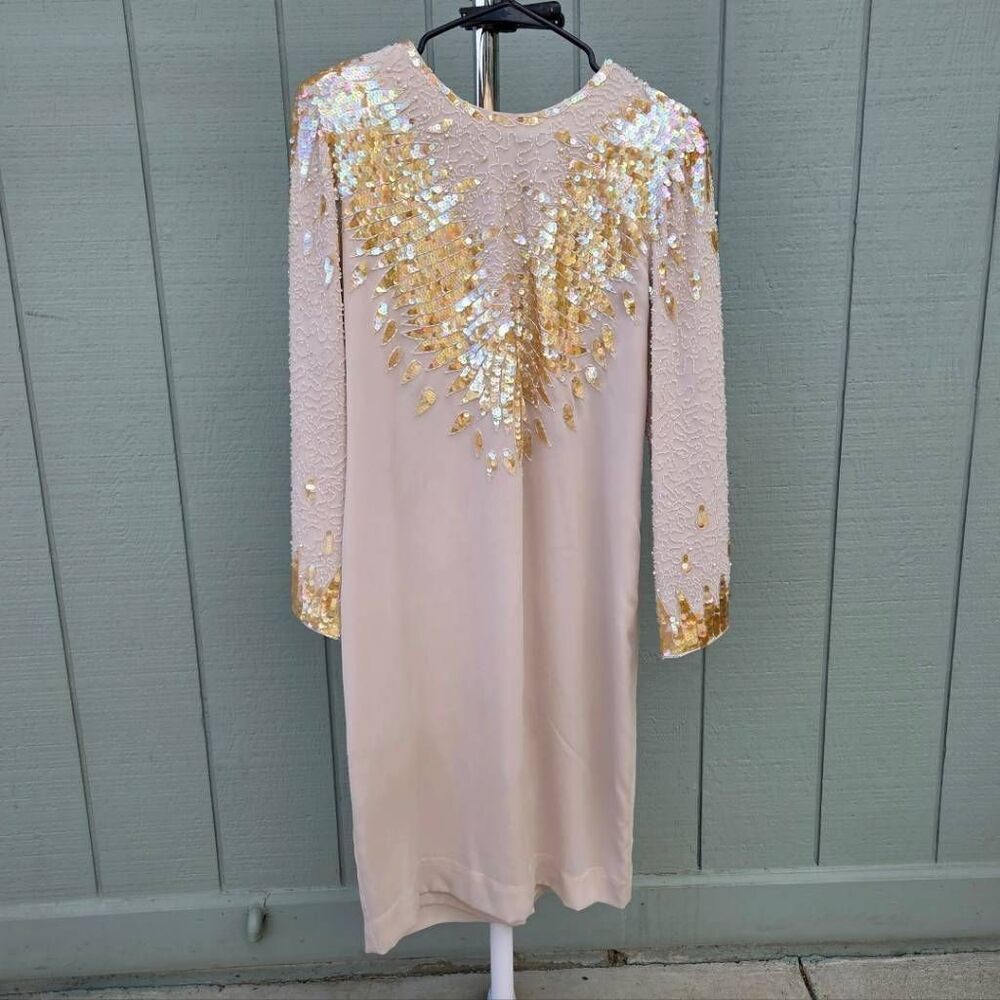 70s-80s Jack Bryan Vintage Sequin and Beaded Long Sleeved Cream Dress. Size 10